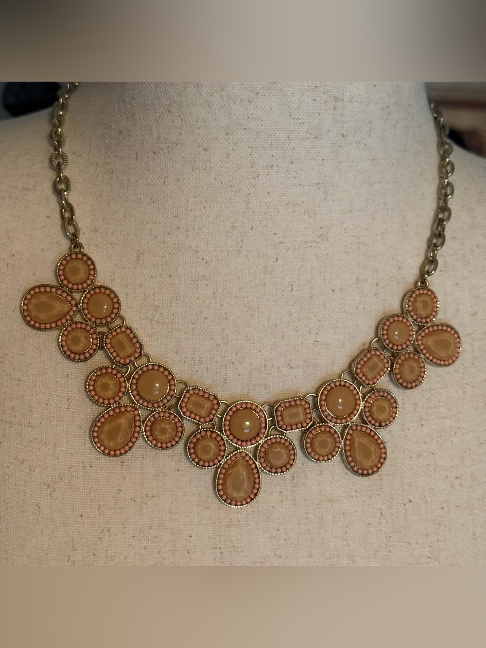 Peach Tan Statement Bib Necklace Gold Tone Faux Stone Beaded Adjustable 21”